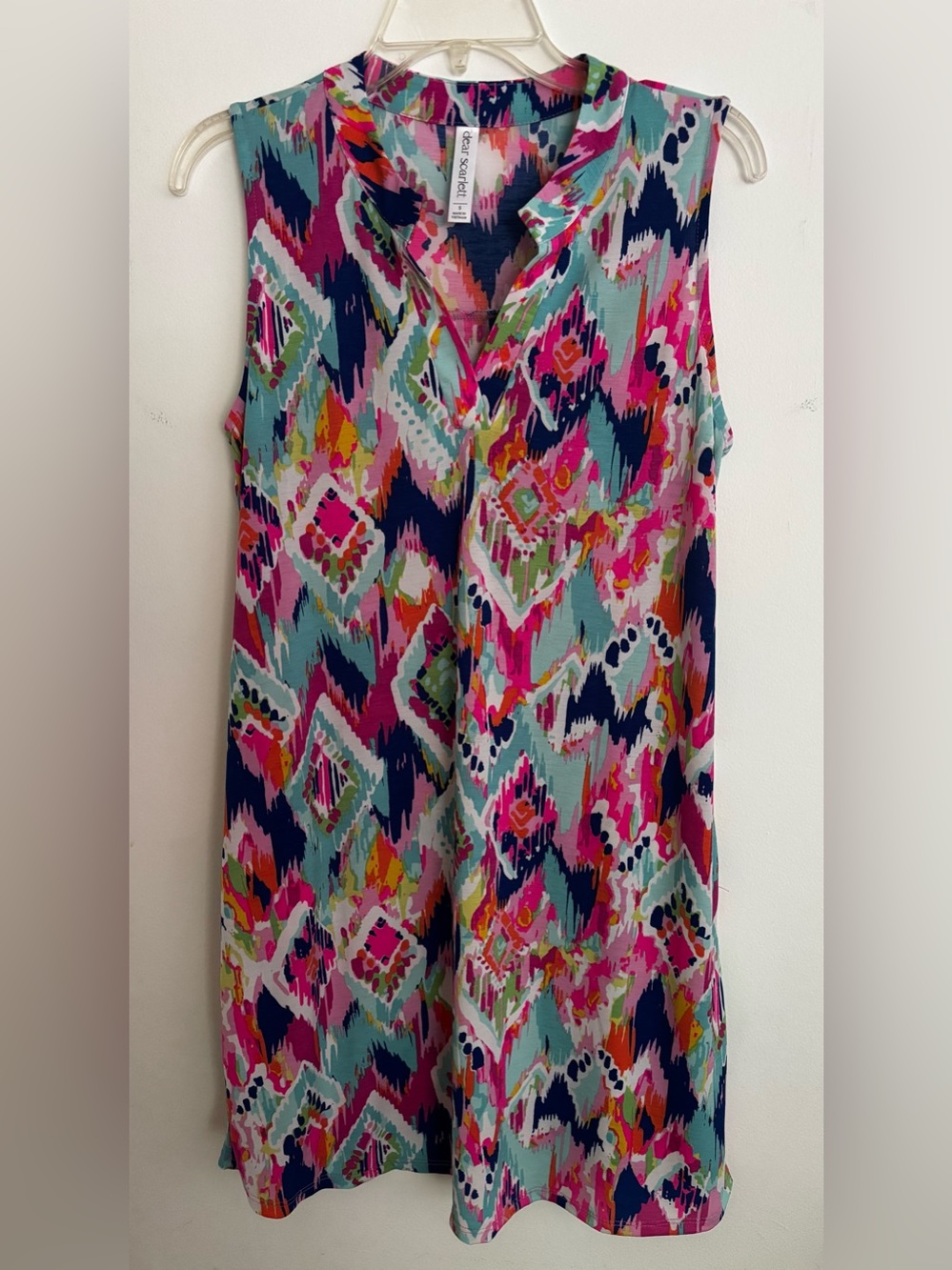 Dear Scarlett Lizzy Sleeveless Split Neck Tank Pink Teal geometric print dress